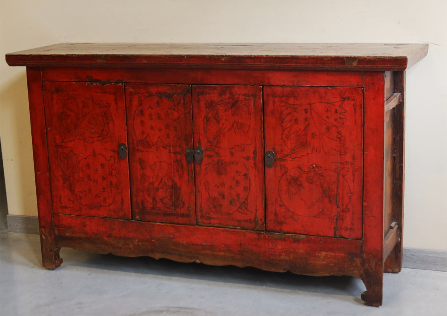 CREDENZE, MADIE - CREDENZA CINESE LACCA ROSSA DECORO LIEVE - CM-11748